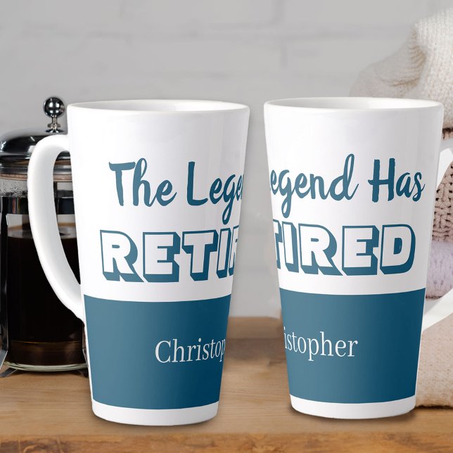 Die Legende hat die blaue und weiße Pension gelock Milchtasse (The Legend has Retired blue and white personalized retirement mug)