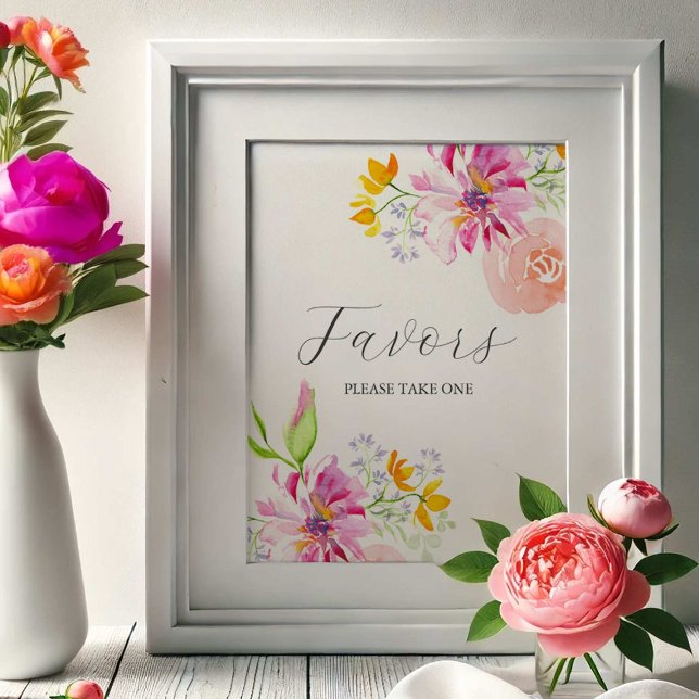 Die Liebe befindet sich in den Blume Blütenfavors  Poster (Favors sign watercolor pink and orange flowers by Victoria Grigaliunas of Do Tell A Belle)