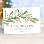 Die Liebe des Friedens und die fröhliche Grüne Win Feiertagskarte<br><div class="desc">Diese stilvolle "Peace,  Liebe & Joy"-Urlaubskarte besticht durch einen modernen und minimalen grünen Winterzweig mit roten Beerenakzenten. Der elegante Text kann völlig personalisiert sein mit Ihrer Wahl von Gruß,  Familienname,  Jahr und einer benutzerdefinierten Nachricht in der Karte.</div>