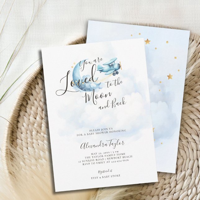 Die Lieblingsdusche von Moon Blue Clouds Airplane  Einladung (loved to the moon baby boy shower invitation airplane blue clouds gold stars watercolor cute sweet)