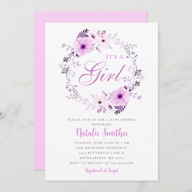 Die Lila Blütendusche mit Girl Watercolor Einladung (Vorne/Hinten)