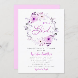 Die Lila Blütendusche mit Girl Watercolor Einladung