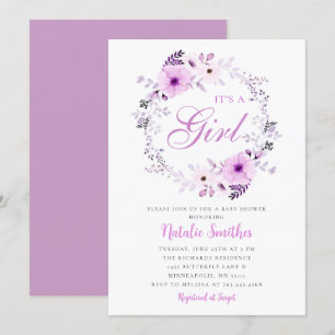 Die Lila Blütendusche mit Girl Watercolor Einladung