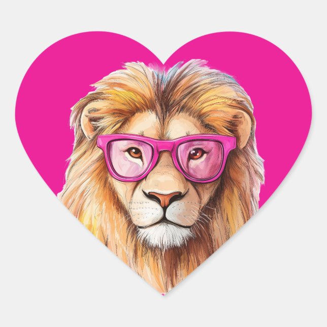 Die Löwe mit rosa Brille dunkelrosa Hintergrund Herz-Aufkleber (Vorderseite)