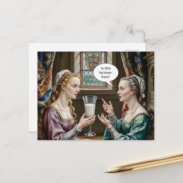 Die lustige Frau Frage, ist diese Laktose-frei? Postkarte (Vorderseite/Rückseite Beispiel)