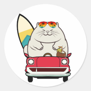 Die lustige Katze fährt zum Strand Runder Aufkleber