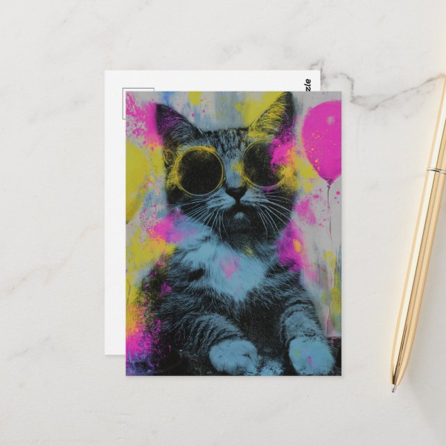 Die lustige Partykatze Postkarte (Vorderseite/Rückseite Beispiel)