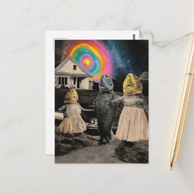 Die lustige surreale Fischfamilie Postkarte (Vorderseite/Rückseite Beispiel)