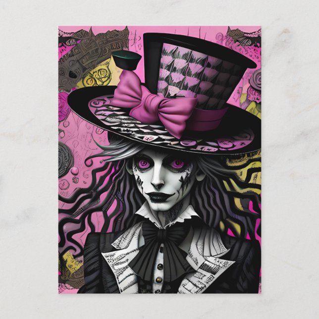 Die Mad Hatter Pink und Black Alice Inspiriert Postkarte (Vorderseite)