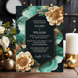 Die Marble Monstera Smaragdgrün und Gold Hochzeit Einladung