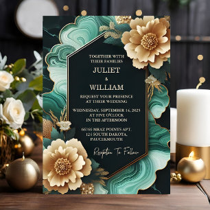 Die Marble Monstera Smaragdgrün und Gold Hochzeit Einladung