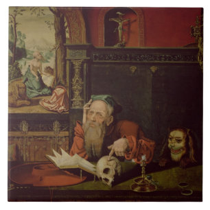 Die Meditation von St Jerome (Öl auf Platte) Fliese