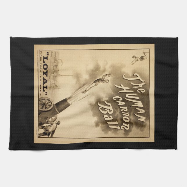 Die menschliche Kanonen-Ball-Vintage Zirkus-Tat Geschirrtuch (Horizontal)