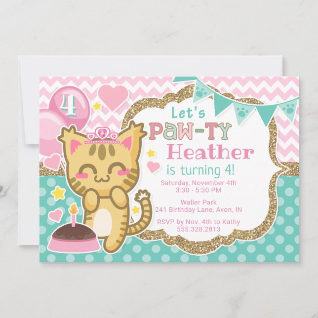 Die Miezekatze-Prinzessin Birthday Tatze-ty Einladung (Vorderseite)