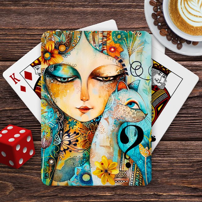 Die miserable Kunst der Katze Spielkarten (Cat mom playing cards featuring a fine art illustration of a lady and mysterious kitty.)