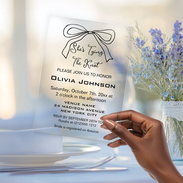 Die moderne Bindung des Brautparty des Knotenschwa Acryleinladungen (Modern Tying the Knot Black Bow Bridal Shower Acrylic Invitations)