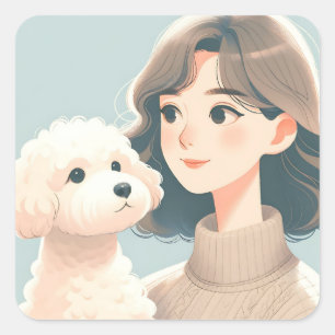 Die moderne Cartoon Frau und ihr Bichon Frisé Dog Quadratischer Aufkleber