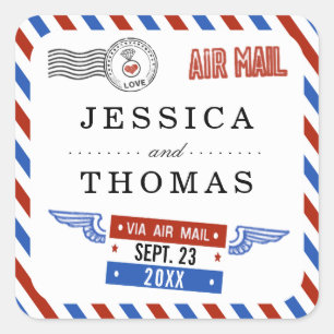 Die moderne Hochzeitskollektion der Luftpost Quadratischer Aufkleber