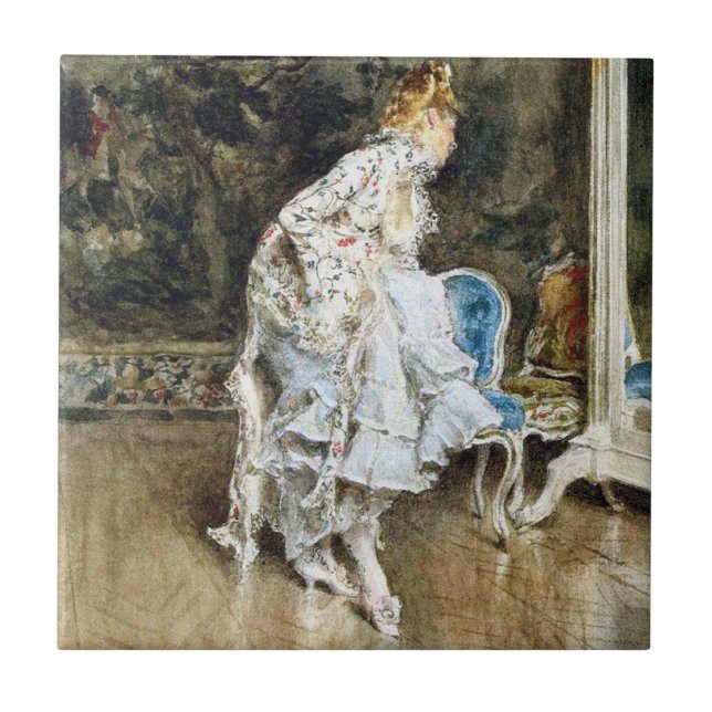 Die modische Schönheit, die sich selbst im Spiegel Fliese (Vorderseite)