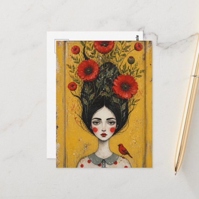 Die Mohnfrau Mixed Media Malerei Postkarte (Vorderseite/Rückseite Beispiel)