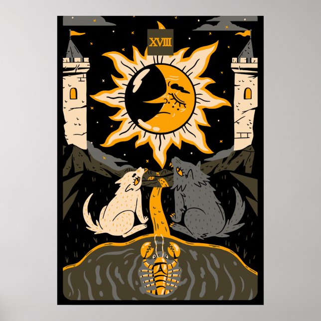 Die Mondkarte Der 18. Tarot-Kartenrücklauf Vintag Poster (Vorne)