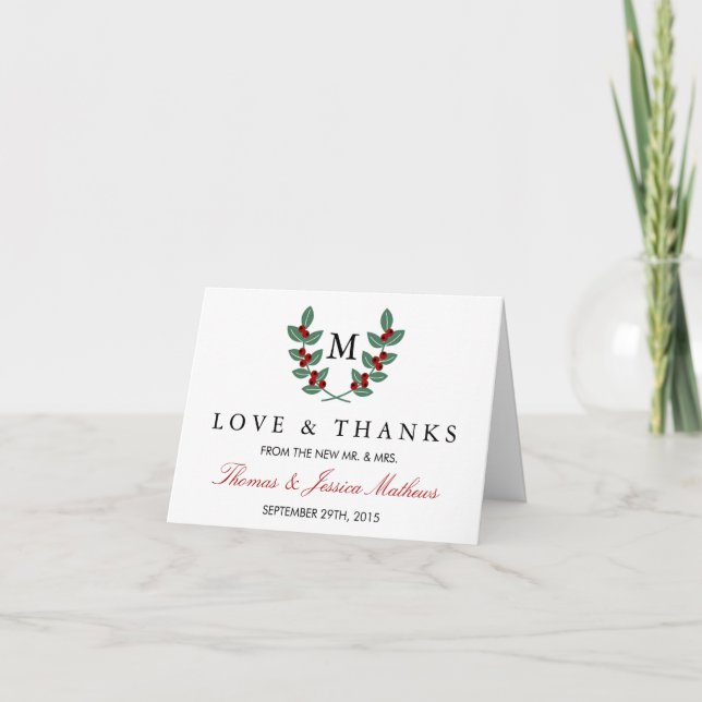 Die Monogram Berry Bush Hochzeitskollektion Dankeskarte (Vorderseite)