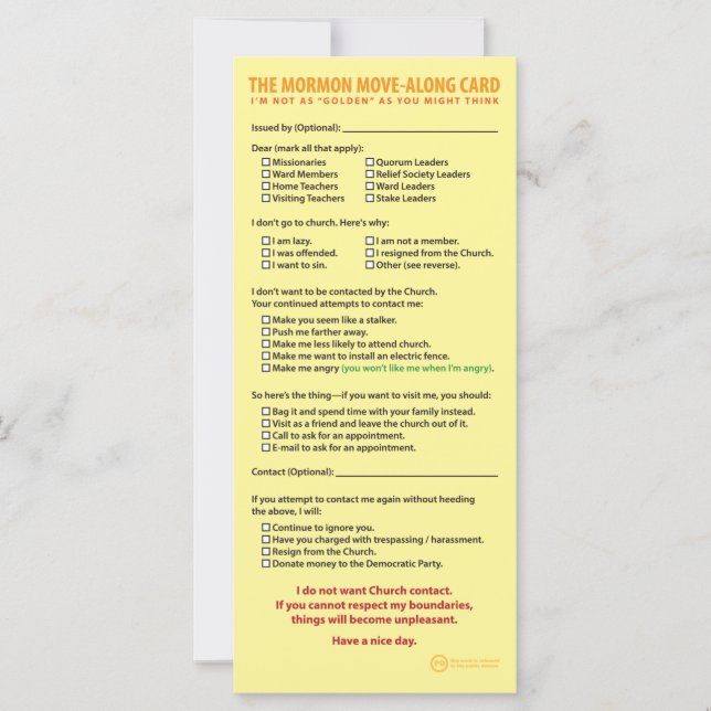 Die Mormon Move-Along-Karte (Vorderseite)