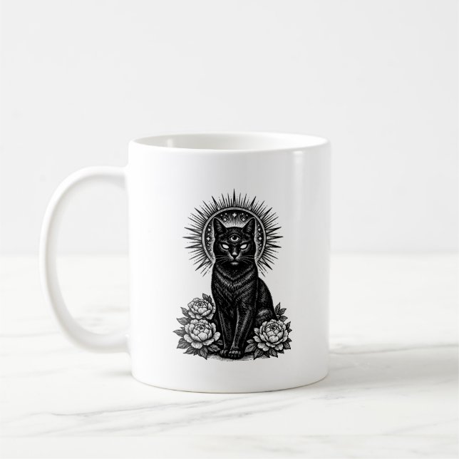 Die Mystische Katze - Third Eye Cat Holzschnitt Kaffeetasse (Links)