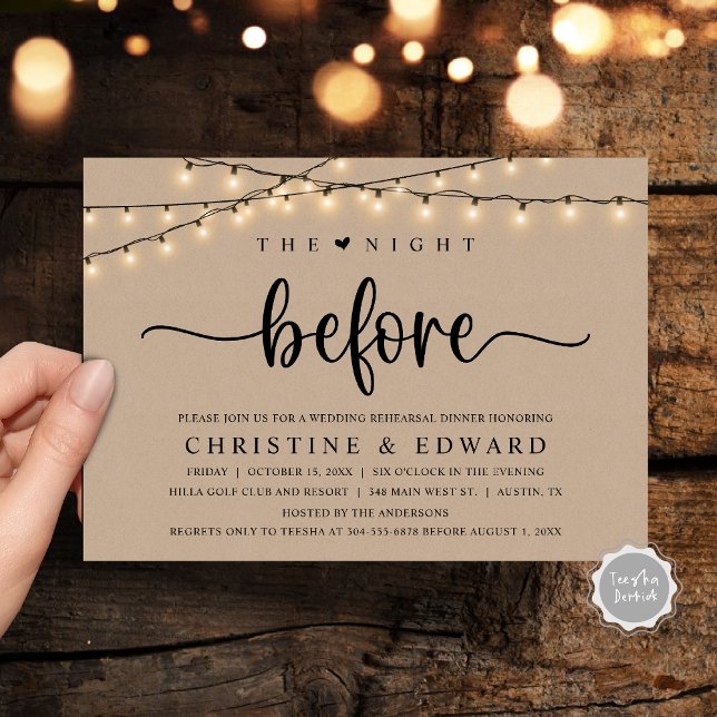 Die Nacht davor, Hochzeit Probe, braune Kraft Einladung (The Night Before, Wedding Rehearsal, Brown Kraft Invitation Card, with rustic cottage String Lights.)