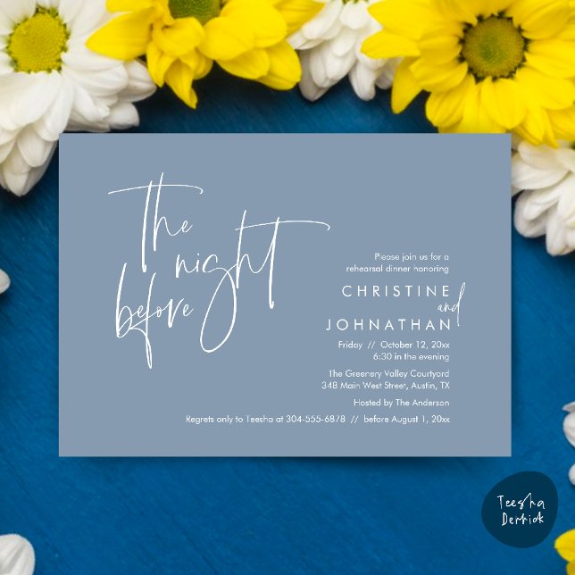 Die Nacht davor, Hochzeit Probe Dinner Einladung (The night before, Casual Modern Wedding Rehearsal Dinner Invitation Card PDF Dusty Blue)