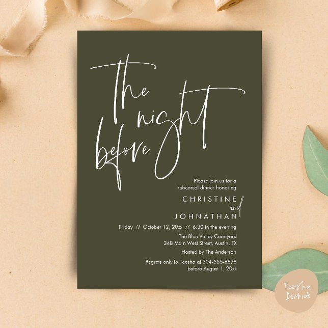Die Nacht davor, Lässige Hochzeitsfeier Probe Einladung (The night before, Casual Modern Wedding Rehearsal Dinner Invitation Card PDF Olive Green)