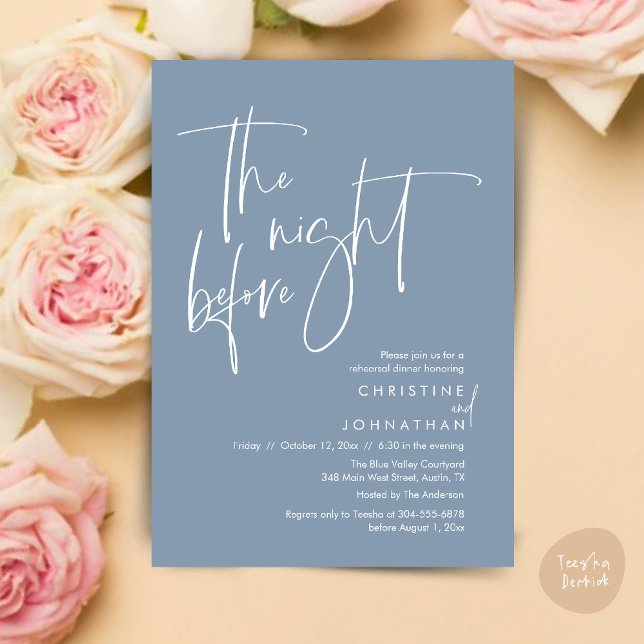 Die Nacht davor, Lässige Hochzeitsfeier Probe Einladung (The night before, Casual Modern Wedding Rehearsal Dinner Invitation Card PDF Dusty Blue)