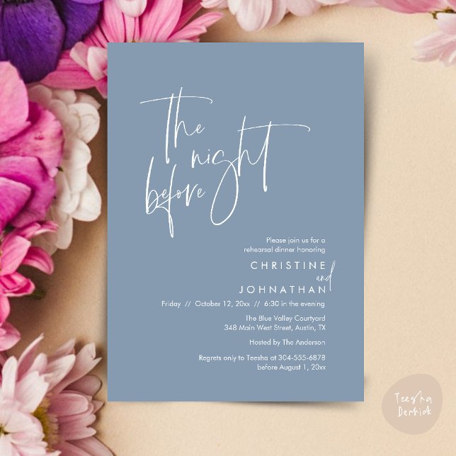 Die Nacht davor, Lässige Hochzeitsfeier Probe Einladung (The night before, Casual Modern Wedding Rehearsal Dinner Invitation Card PDF Dusty Blue)