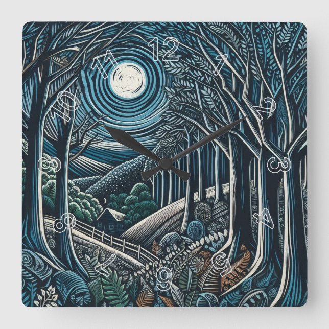 Die Nacht im Wald Quadratische Wanduhr (Vorderseite)