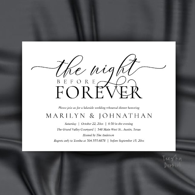 Die Nacht vor dem Immerwährenden, Stilvolle Probe- Einladung (The Night Before Forever, Classy Rehearsal Dinner Invitation Card in Black and White)