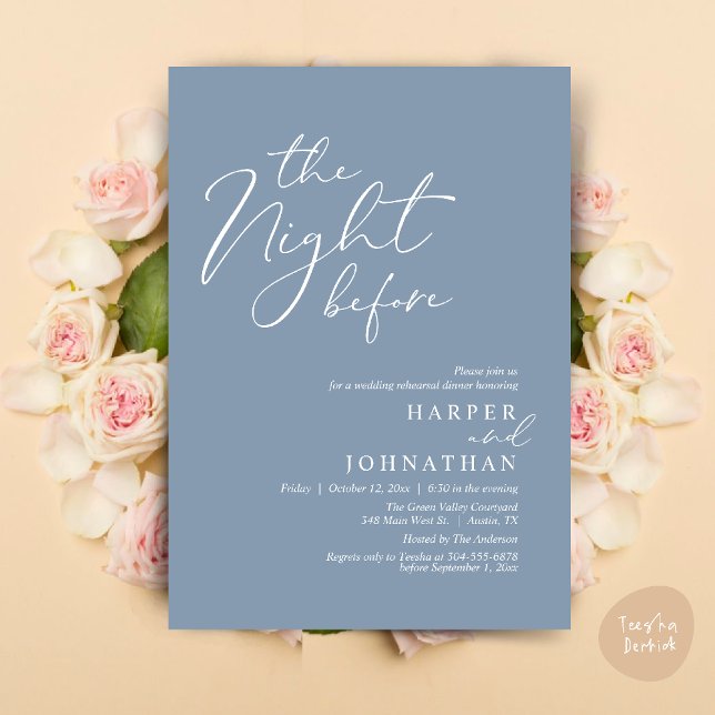 Die Nacht vor dem romantischen Hochzeitsessen Prob Einladung (The Night Before Romantic Wedding Rehearsal Dinner Modern Invitation Card PDF Dusty Blue)