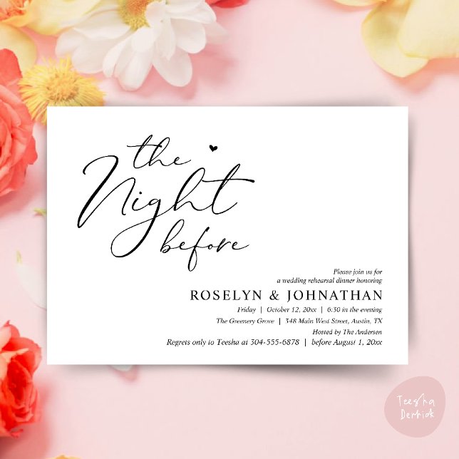 Die Nacht vor dem romantischen Hochzeitsessen Prob Einladung (The Night Before Romantic Wedding Rehearsal Dinner Little heart Invitation Card PDF White Black)