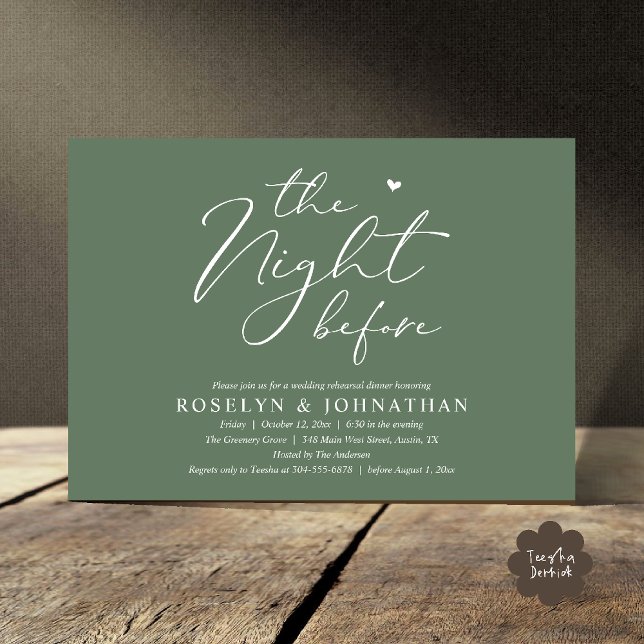 Die Nacht vor dem romantischen Hochzeitsessen Prob Einladung (The Night Before Romantic Wedding Rehearsal Dinner Little heart Invitation Card PDF Sage Green)