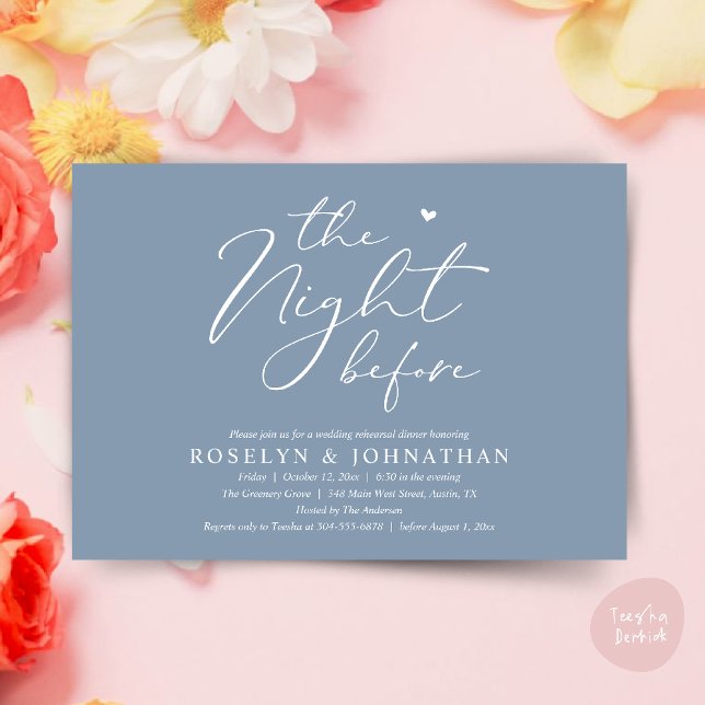Die Nacht vor dem romantischen Hochzeitsessen Prob Einladung (The Night Before Romantic Wedding Rehearsal Dinner Little heart Invitation Card PDF Dusty Blue)