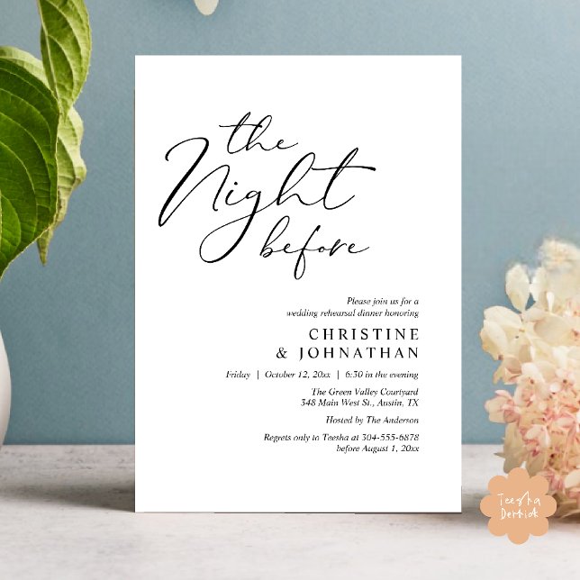 Die Nacht vor dem romantischen Hochzeitsessen Prob Einladung (The Night Before Romantic Wedding Modern Rehearsal Dinner Invites Card Hosted Parents Black White)