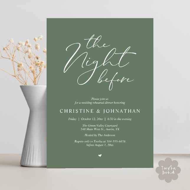 Die Nacht vor dem romantischen Hochzeitsessen Prob Einladung (The Night Before Romantic Wedding Modern Rehearsal Dinner Invites Card Hosted Parents Sage Green)