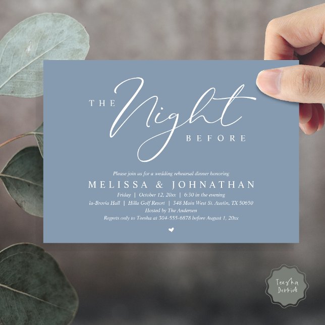 Die Nacht vor dem romantischen Hochzeitsessen Prob Einladung (The Night Before, Romantic Wedding Rehearsal Dinner Invitation Card, PDF, in Dusty Blue)