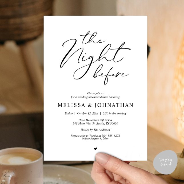 Die Nacht vor dem romantischen Hochzeitsessen Prob Einladung (Classy Romance, The Night Before Wedding Rehearsal Dinner Invitation Card, PDF, in Black and White)