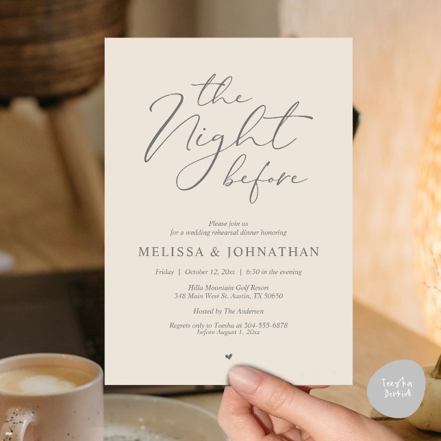 Die Nacht vor dem romantischen Hochzeitsessen Prob Einladung (Classy Romance, The Night Before Wedding Rehearsal Dinner Invitation Card, PDF, in Cream Grey)