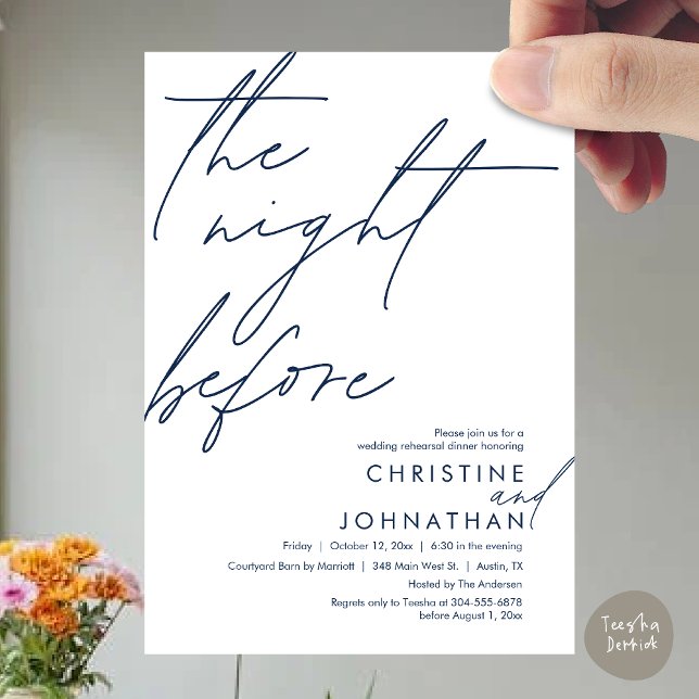 Die Nacht vor dem romantischen Hochzeitsessen Prob Einladung (The Night Before Romantic Wedding Rehearsal Dinner Invitation Card, PDF, in Navy Blue)