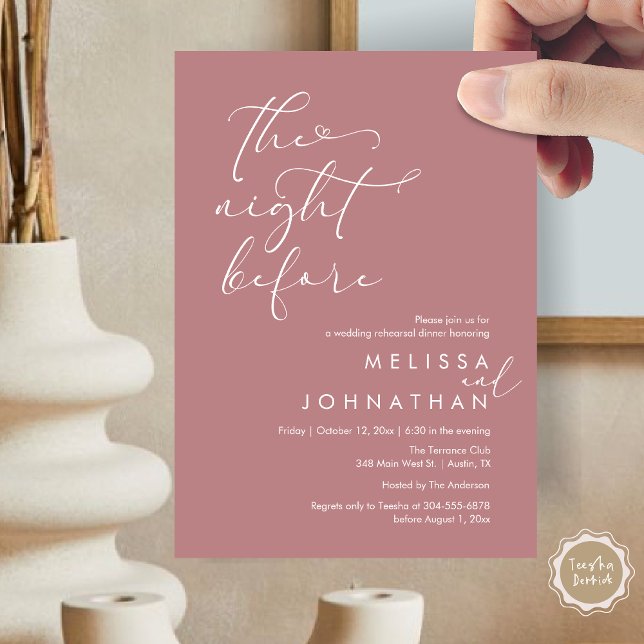 Die Nacht vor dem romantischen Hochzeitsessen Prob Einladung (The Night Before, Romantic Wedding Rehearsal Dinner Invitation Card, PDF, Dusty Rose Pink)