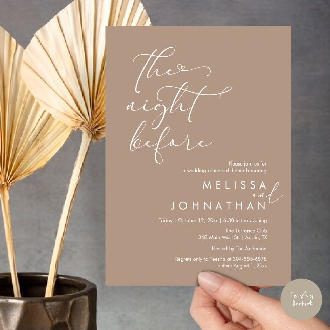 Die Nacht vor dem romantischen Hochzeitsessen Prob Einladung (The Night Before, Romantic Wedding Rehearsal Dinner Invitation Card, PDF, Warm Taupe Brown Boho Chic)