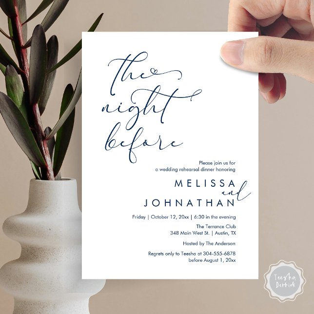 Die Nacht vor dem romantischen Hochzeitsessen Prob Einladung (The Night Before, Romantic Wedding Rehearsal Dinner Invitation Card, PDF, Navy Blue)