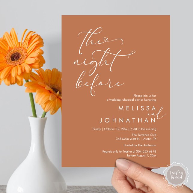 Die Nacht vor dem romantischen Hochzeitsessen Prob Einladung (The Night Before, Romantic Wedding Rehearsal Dinner Invitation Card, PDF, Copper Brown)