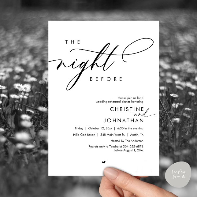 Die Nacht vor dem romantischen Hochzeitsessen Prob Einladung (The Night Before, Modern Romantic Wedding Rehearsal Dinner Invitation Card, PDF, In Black and White)